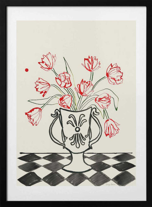 Red Tulips In a Vase with Checkered Diamonds - Art Print by Lucy Deaner