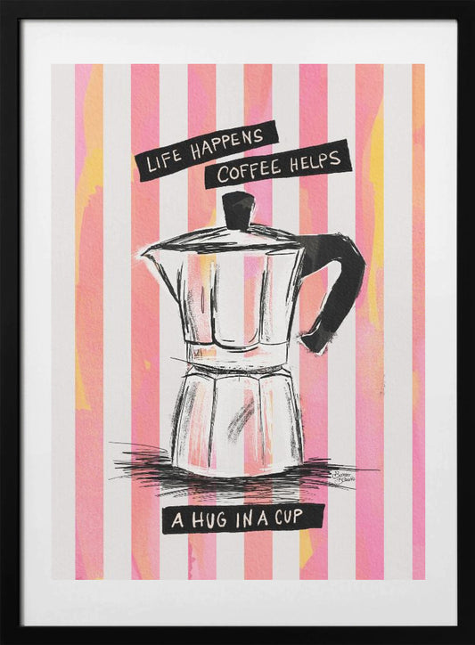 Mocca Coffee on Stripes - Hug in a Cup - Art Print by Baroo Bloom