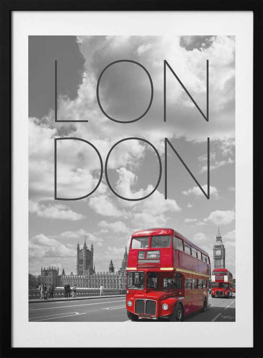 Red Buses in London | Text &amp; Skyline - Art Print by Melanie Viola Travel Poster