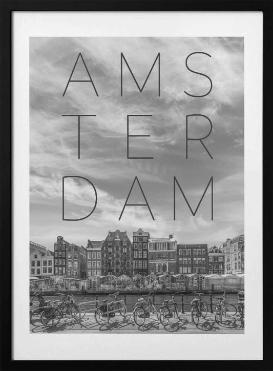 AMSTERDAM Singel Canal with Flower Market | Text &amp; Skyline - Art Print by Melanie Viola Travel Poster