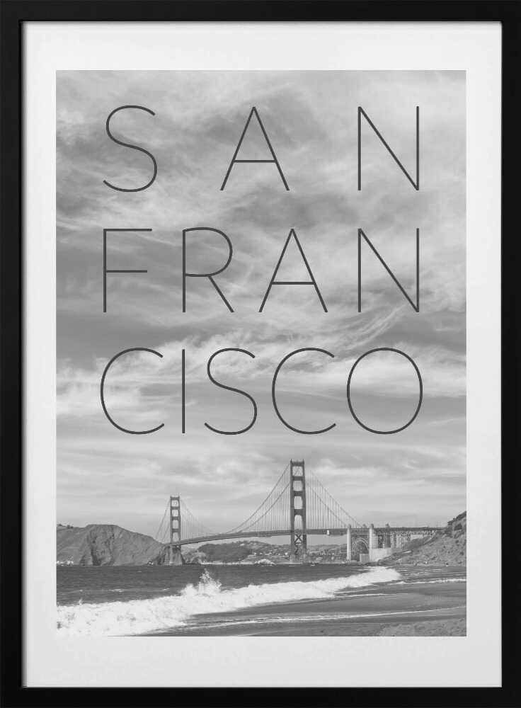 Golden Gate Bridge &amp; Baker Beach | Text &amp; Skyline - Art Print by Melanie Viola Travel Poster
