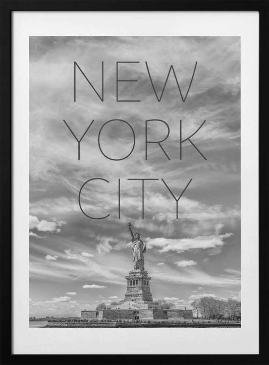 NYC Statue of Liberty | Text &amp; Skyline - Art Print by Melanie Viola Travel Poster