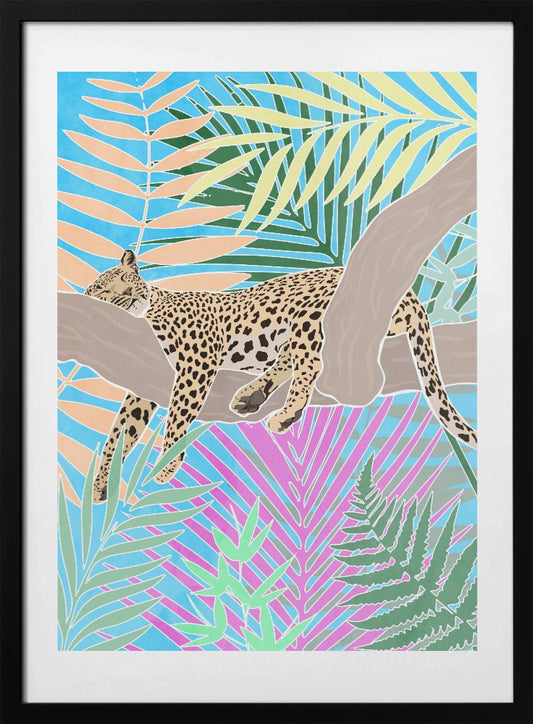 Jaguar Sleeping in colourful jungle - Art Print by Sarah Manovski