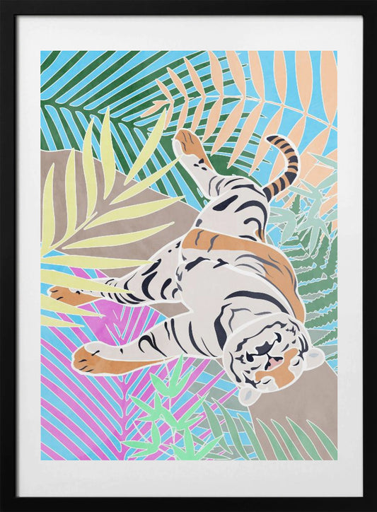 Tiger Sleepling in colourful jungle - Art Print by Sarah Manovski