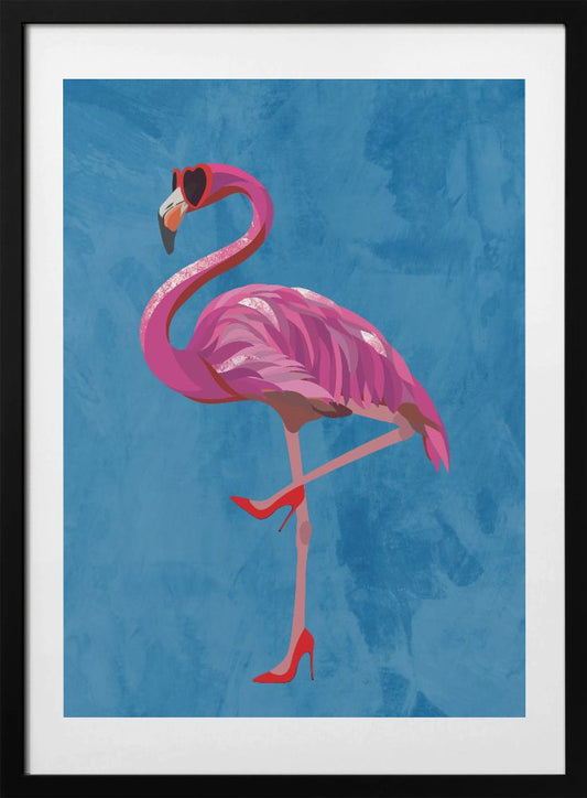 Flamingo in heels and heart glasses blue - Art Print by Sarah Manovski