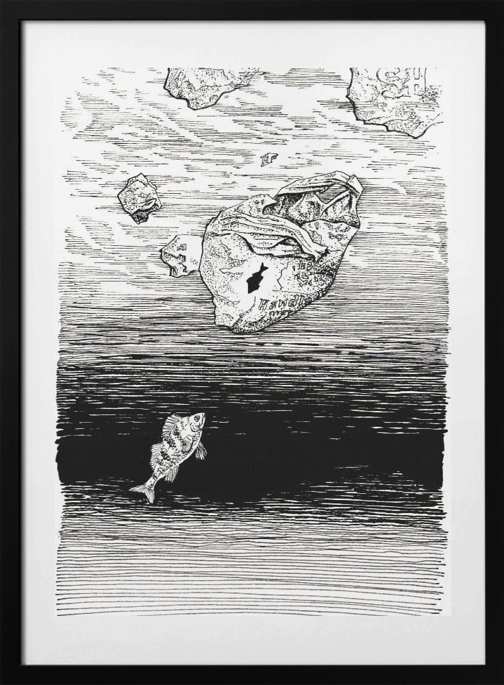 Midless. A Fish in the Plastic Sea Ink Drawing. - Art Print by Johan Liewendahl