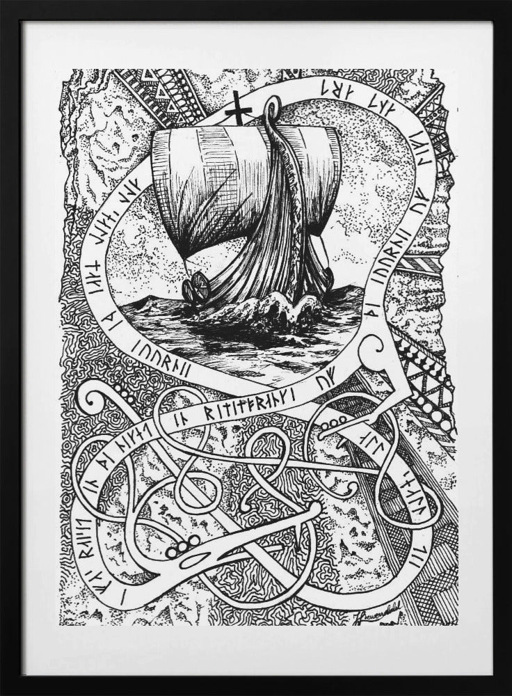 The Journey. Viking Doodle Ink Drawing. - Art Print by Johan Liewendahl