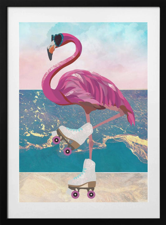 Flamingo rollerskating on the beach - Art Print by Sarah Manovski