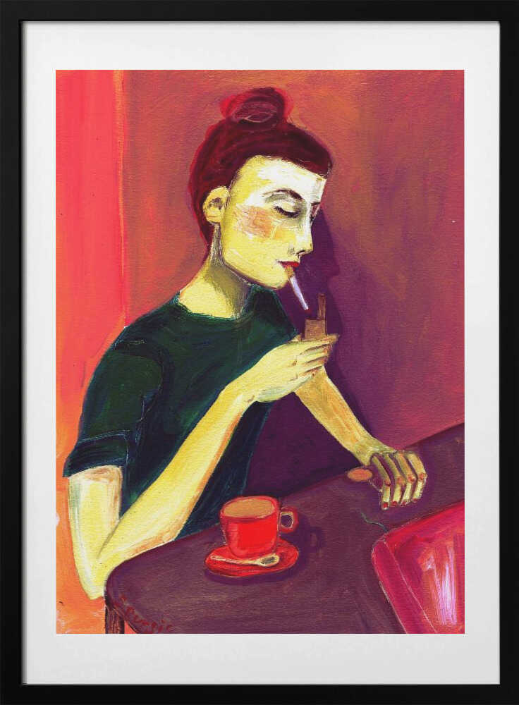 Lady lighting cigarette - Art Print by Sharyn Bursic