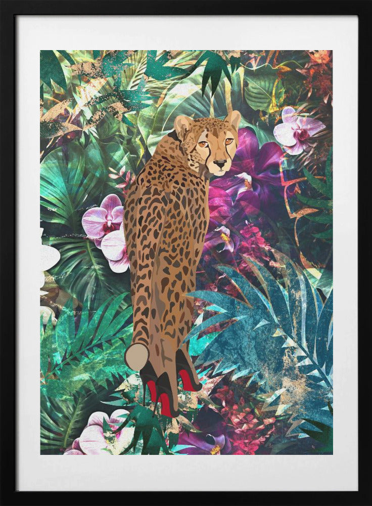 Tropical Floral Jungle - Cheetah in heels - Art Print by Sarah Manovski