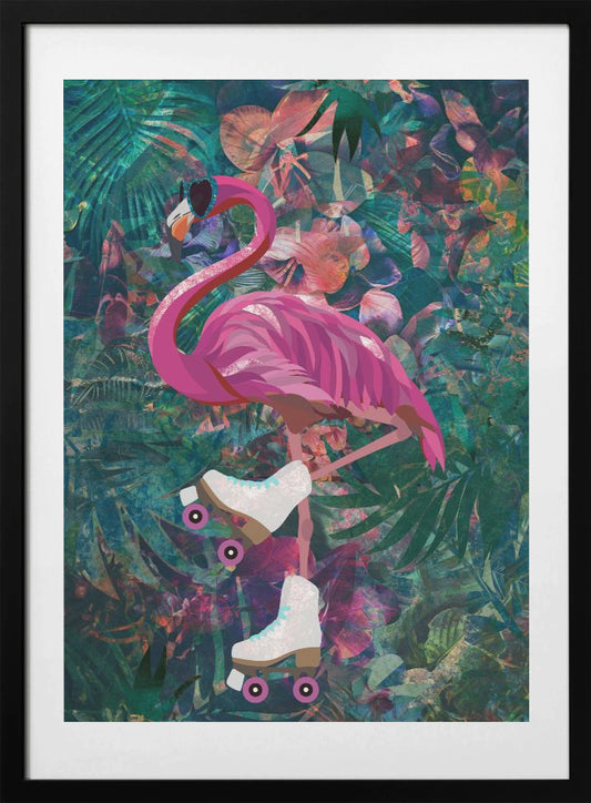 Tropical Floral Jungle - FLamingo rollerskating - Art Print by Sarah Manovski