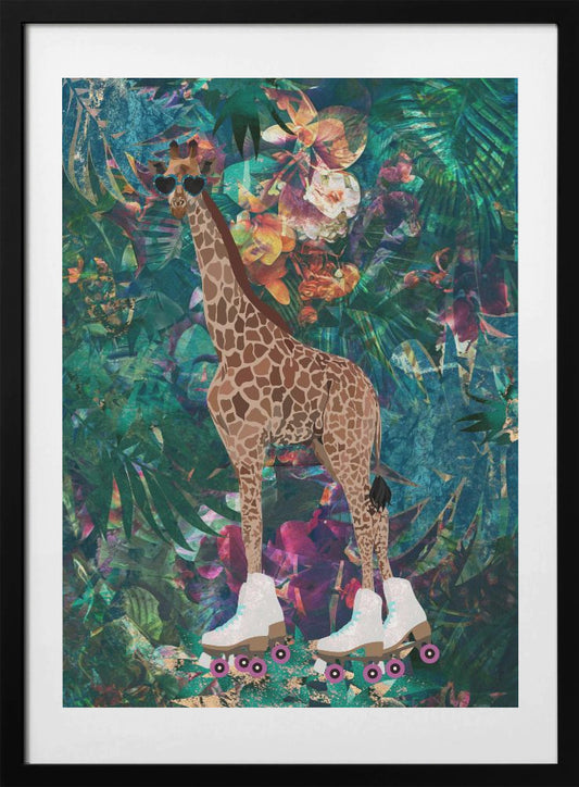 Tropical Floral Jungle - Giraffe rollerskating - Art Print by Sarah Manovski