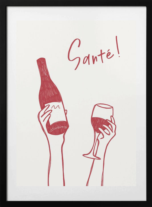Hands holding a wine bottle and a wine glass with the text "Cheers!" in French - Art Print by Rio Soléy