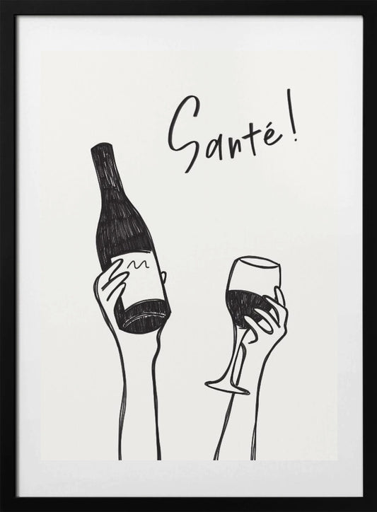 Hands holding a wine bottle and a wine glass with the text "Cheers!" in French - Art Print by Rio Soléy