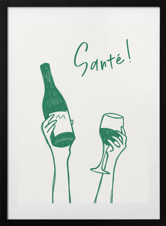 Hands holding a wine bottle and a wine glass with the text "Cheers!" in French - Art Print by Rio Soléy