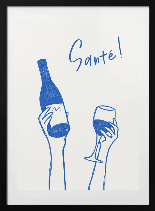 Hands holding a wine bottle and a wine glass with the text "Cheers!" in French - Art Print by Rio Soléy