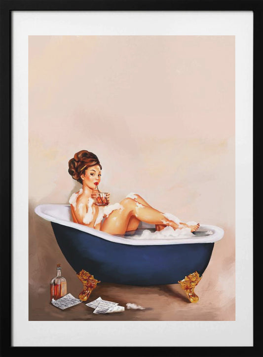 Bathtub Drinks: Pinup Girl Drinking In Bathroom - Art Print by The Whiskey Ginger