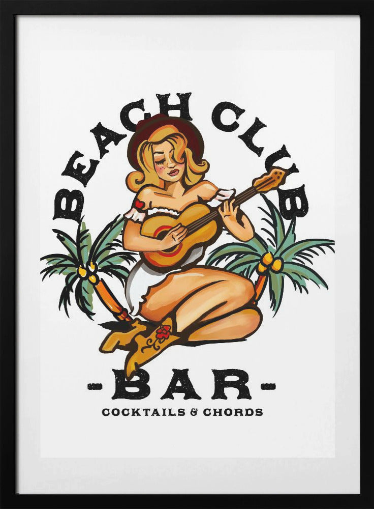 Beach Club Bar. Sailor Jerry Style Pin-up Girl Playing Guitar - Art Print by The Whiskey Ginger