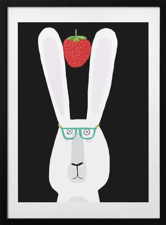 Cute White Rabbit with Strawberry by Artist Carla Daly - Art Print by Carla Daly