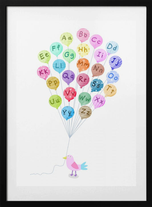 Cute Pink Bird with Alphabet Balloons by Carla Daly - Art Print by Carla Daly