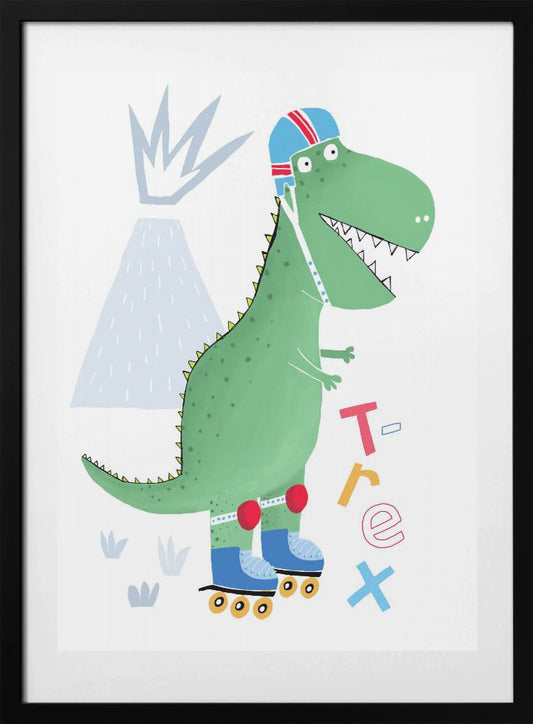 Funny T-Rex on Rollerblades with Volcano by Artist Carla Daly - Art Print by Carla Daly