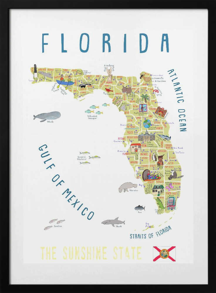 Illustrated Map of Florida by Artist Carla Daly - Art Print by Carla Daly Travel Poster