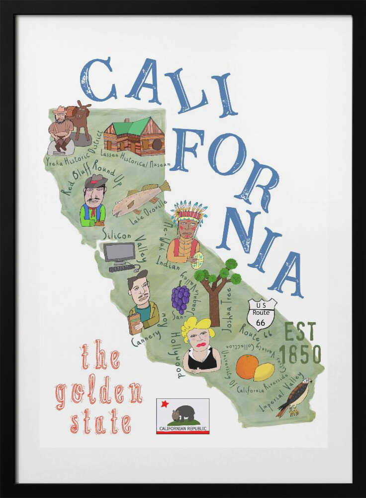 Illustrated Map of California with State Icons by Carla Daly - Art Print by Carla Daly Travel Poster