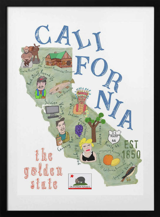 Illustrated Map of California with State Icons by Carla Daly - Art Print by Carla Daly Travel Poster