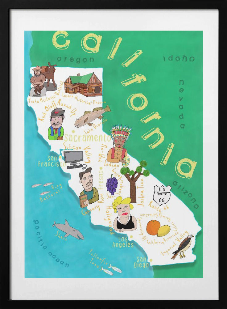 Illustrated Map of California with Ocean by Carla Daly - Art Print by Carla Daly