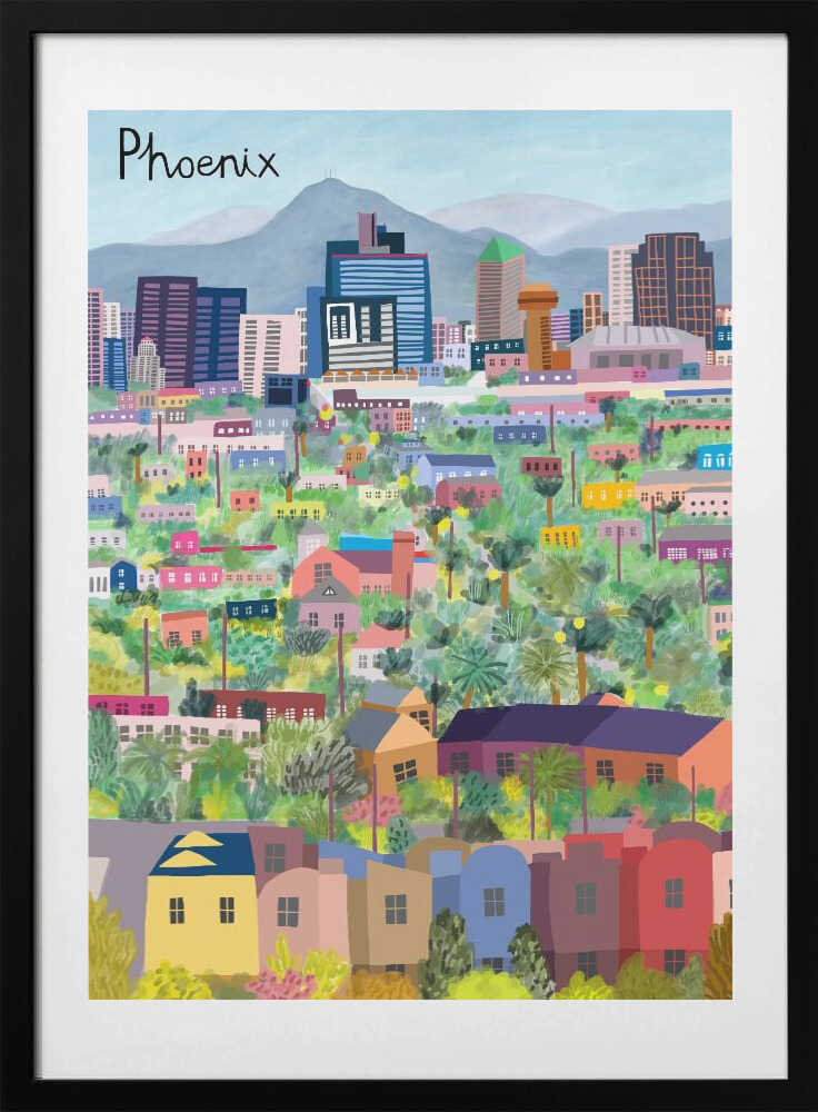 View Over Phoenix Arizona Illustrated by Artist Carla daly - Art Print by Carla Daly Travel Poster