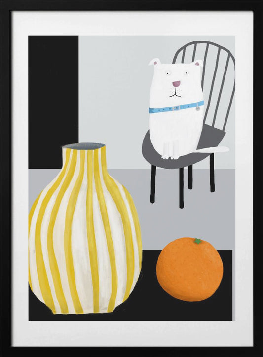 Funny White Dog with Yellow and White Stropped Vase by Carla Daly - Art Print by Carla Daly
