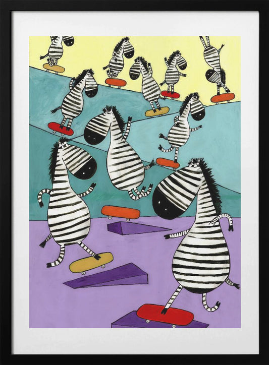 Hilarious Zebras in the Skatepark by Artist Carla Daly - Art Print by Carla Daly