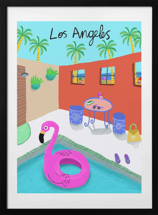 Pink Flamingo Float in Pool, Los Angeles, California by Artist Carla daly - Art Print by Carla Daly