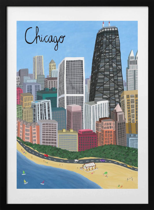 Chicago City with Beachfront on Lake Michigan by Artist Carla Daly - Art Print by Carla Daly
