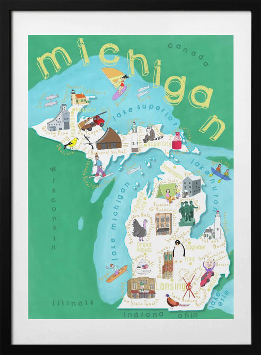 Illustrated Map of Michigan, USA by Artist Carla Daly - Art Print by Carla Daly