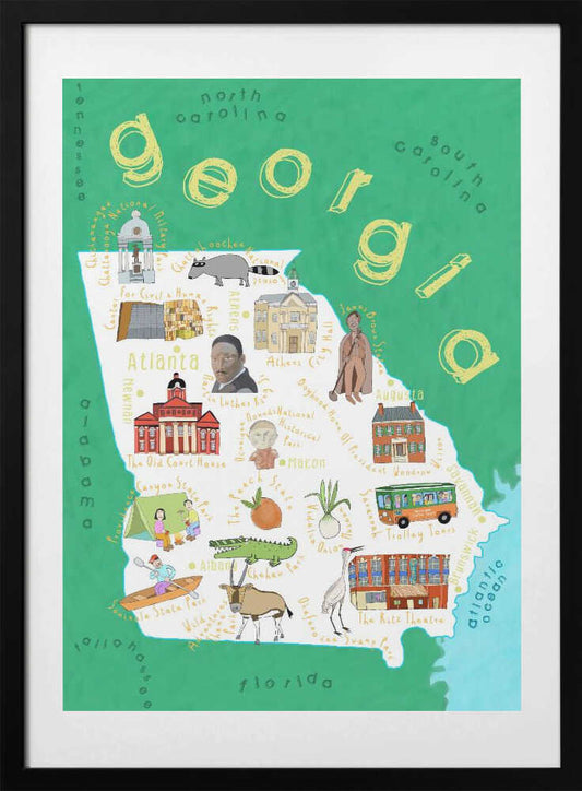 Illustrated Map of Georgia State by Artist Carla Daly - Art Print by Carla Daly Travel Poster