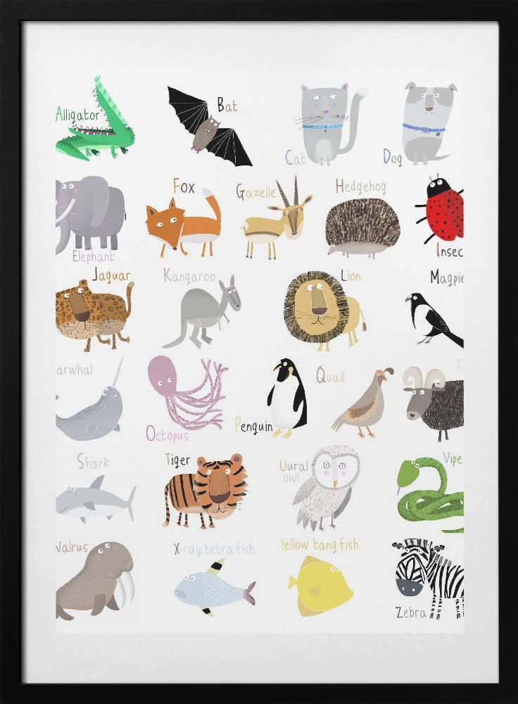 Illustrated Alphabet Animal Letters on White Background by Carla Daly - Art Print by Carla Daly