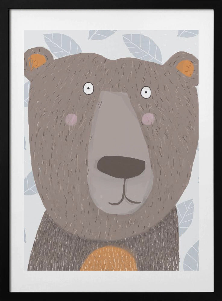 Cute Brown Bear with Grey Leaf Pattern by Artist Carla - Art Print by Carla Daly