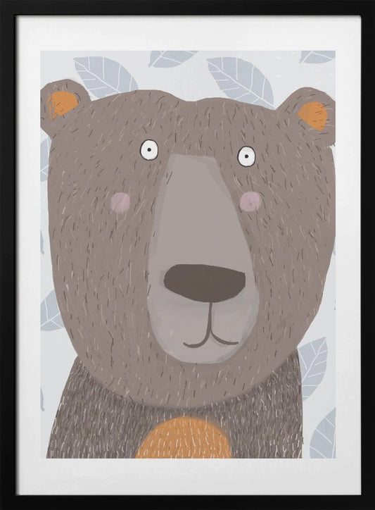 Cute Brown Bear with Grey Leaf Pattern by Artist Carla - Art Print by Carla Daly