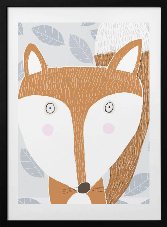 Cute Red Fox with Grey Leaf Pattern by Artist Carla Daly - Art Print by Carla Daly