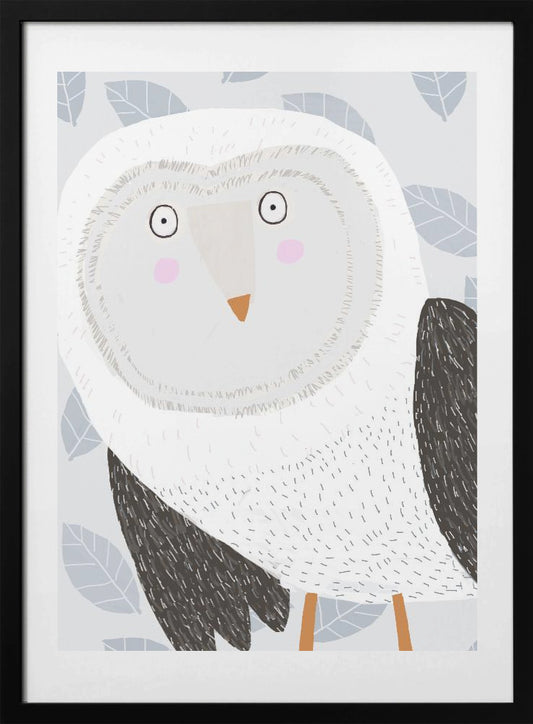 Funny Winter Owl with Grey Leaf Pattern by Artist Carla Daly - Art Print by Carla Daly