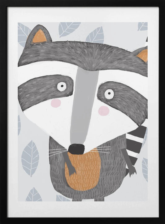 Cute Raccoon with Grey Leaf Pattern by Artist Carla Daly - Art Print by Carla Daly