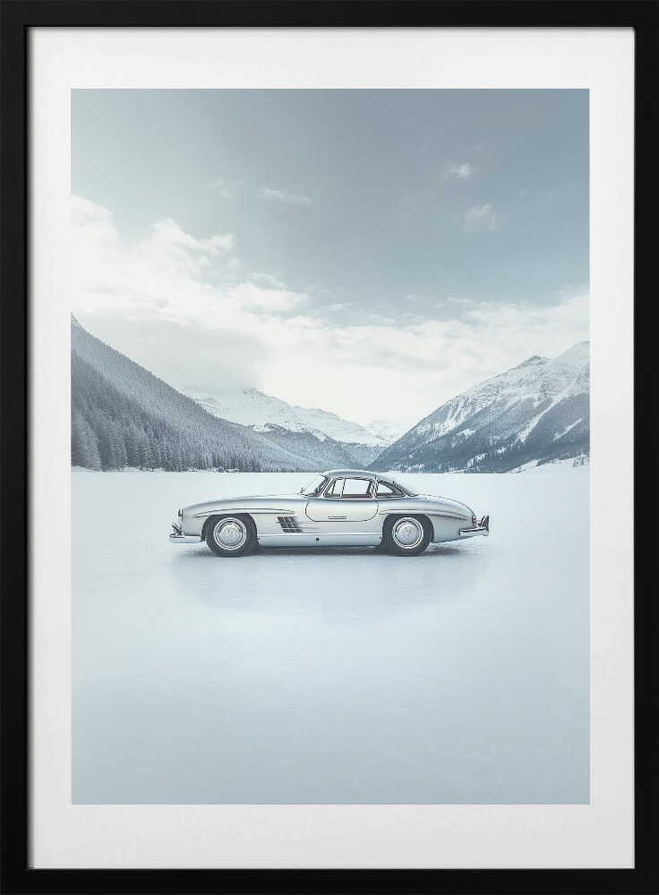 Retro Silver Car On Froozen Lake Side - Art Print by Pictufy Studio