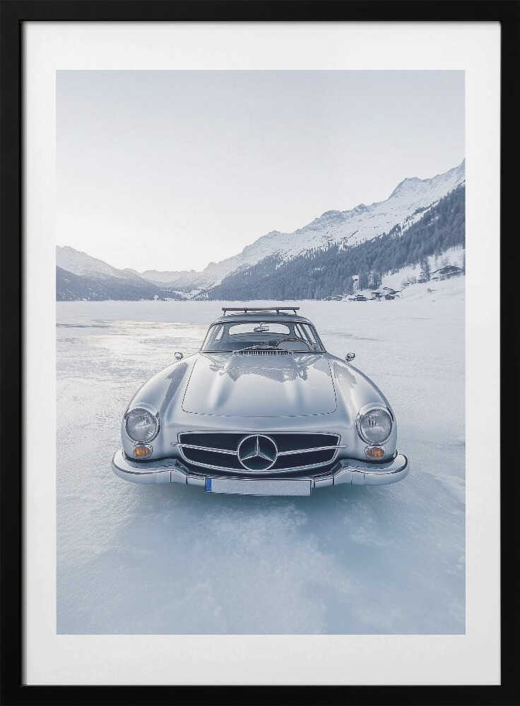 Retro Silver Car On Froozen Lake - Art Print by Pictufy Studio