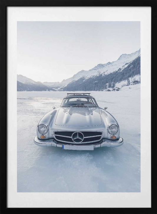 Retro Silver Car On Froozen Lake - Art Print by Pictufy Studio
