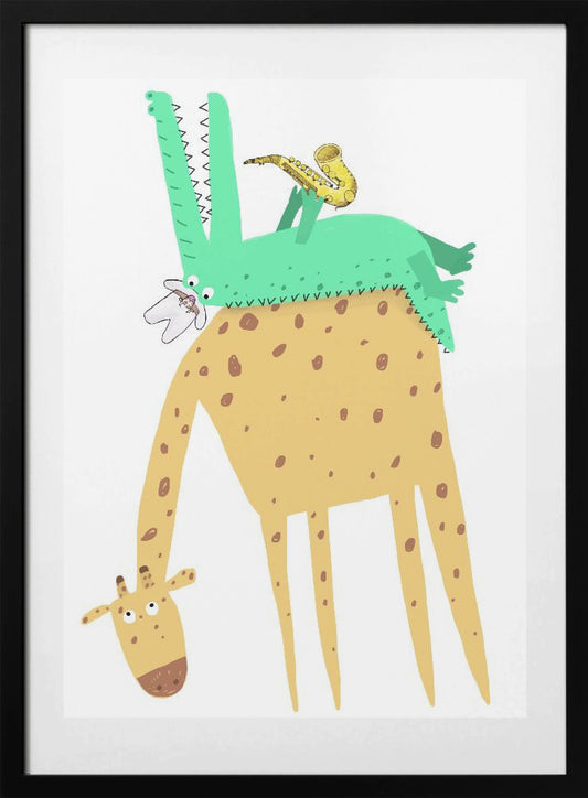 Funny Crocodile Playing the Saxophone on a Cute Giraffe - Art Print by Carla Daly