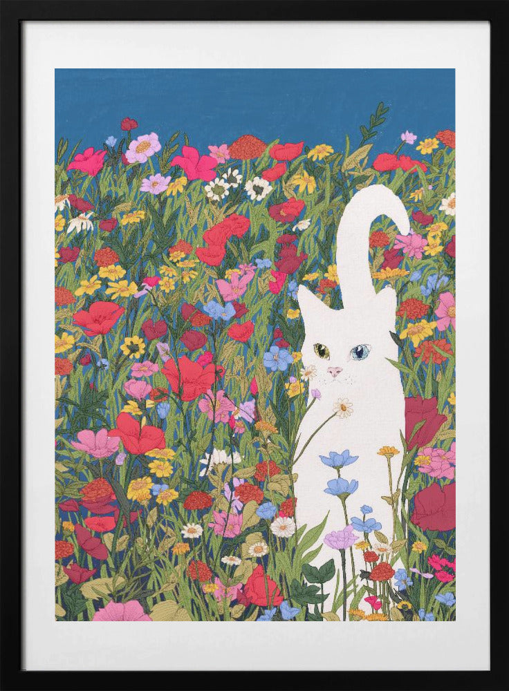 White Cat in the Wildflowers - Art Print by EC Mazur