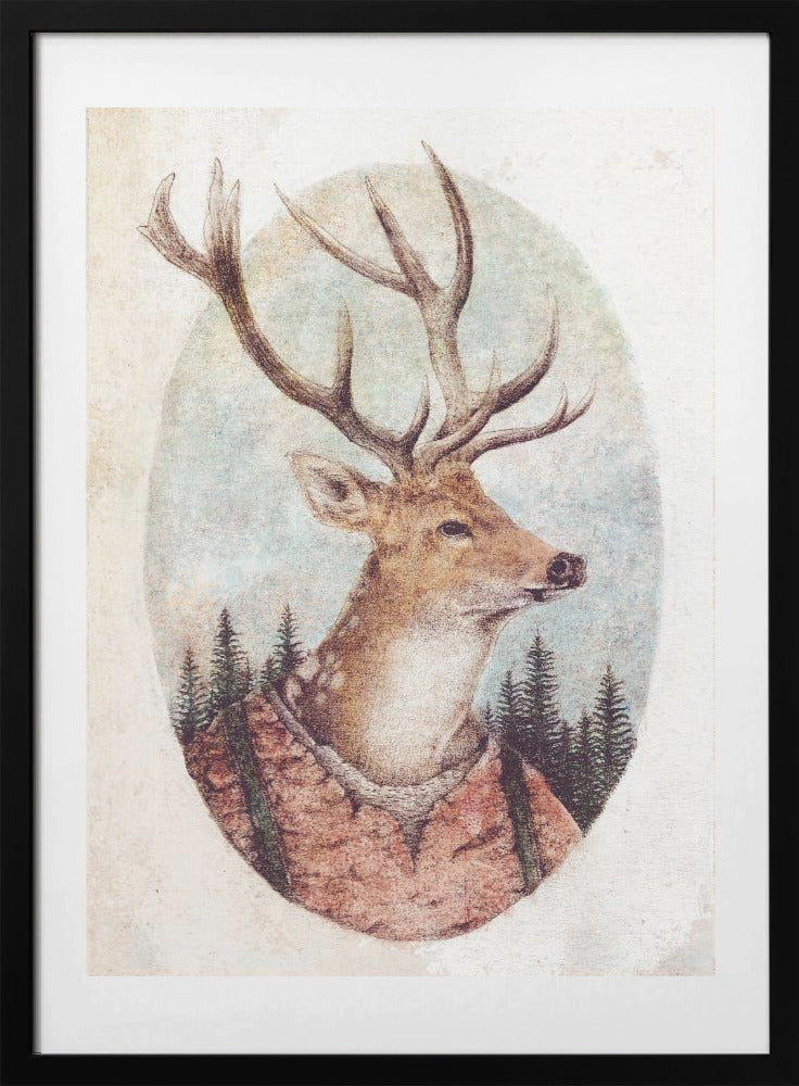 Deer In A Rustic Outfit - Art Print by Mike Koubou