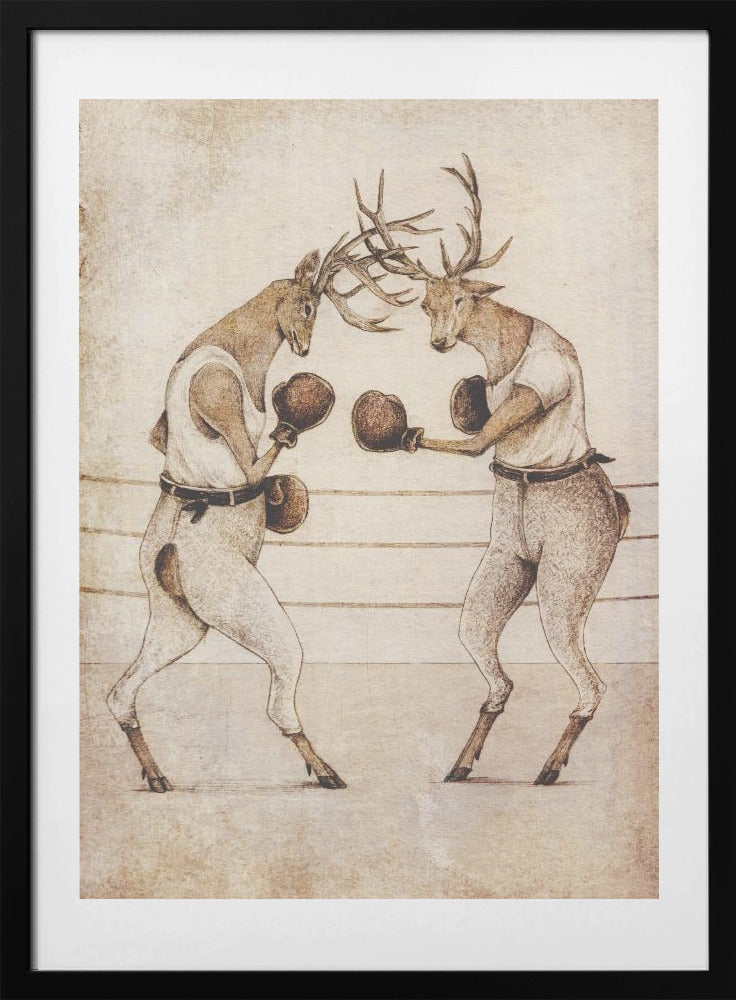 Deer Fight Vintage Style - Art Print by Mike Koubou