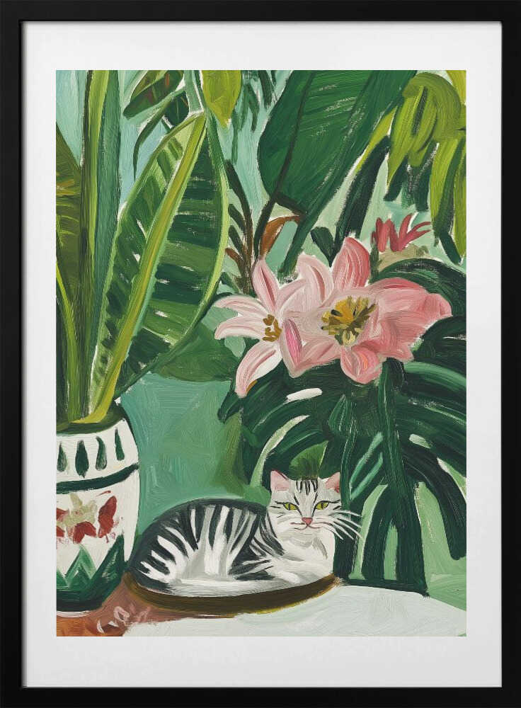 Tropical Muse With Cat - Art Print by SHANDU